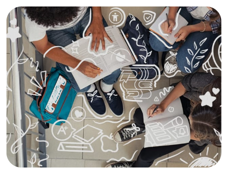 Photo of kids writing in notebooks with illustration doodles overlayed